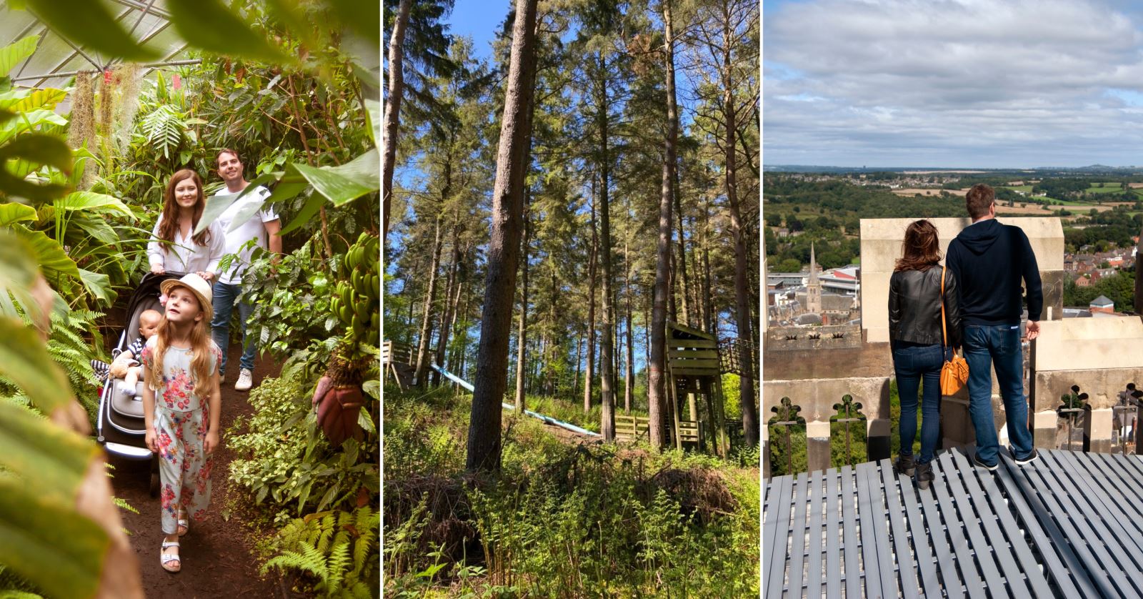 left to right - family walking through Durham Botanic Garden, broom house farm forest and couple on top of Durham Cathedral central tower